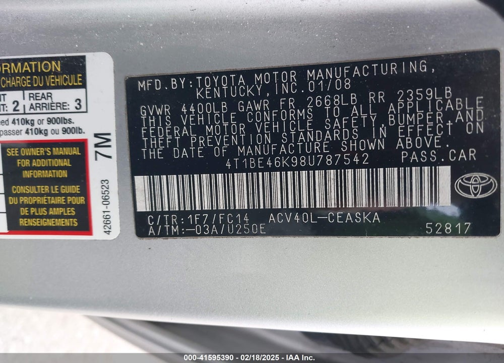2008 TOYOTA CAMRY SE VIN: 4T1BE46K98U787542