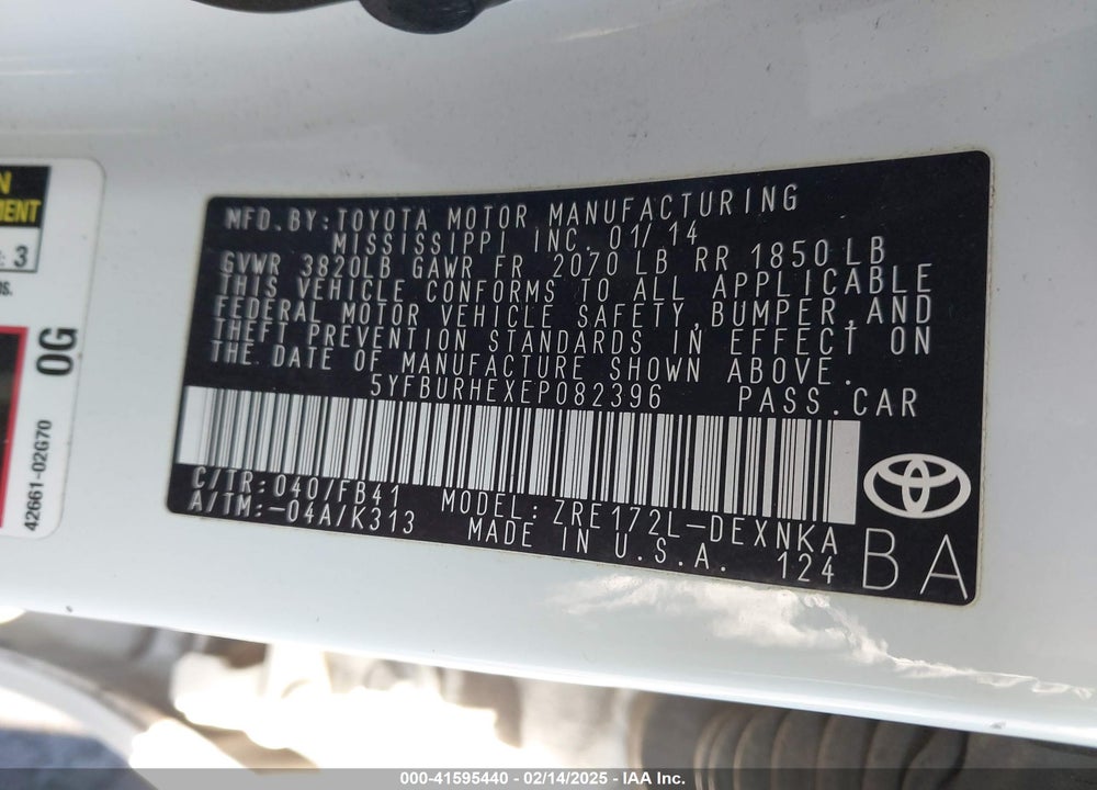 2014 TOYOTA COROLLA VIN: 5YFBURHEXEP082396