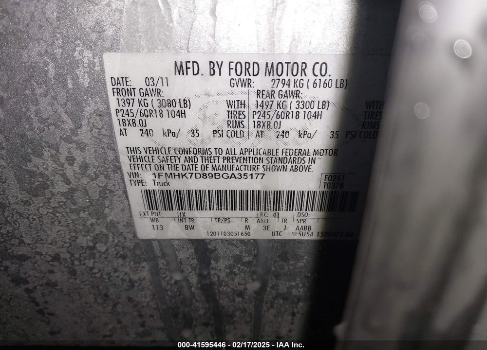 2011 FORD EXPLORER XLT VIN: 1FMHK7D89BGA35177