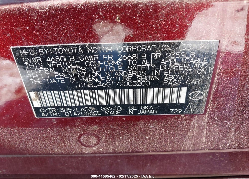 2007 LEXUS ES 350 VIN: JTHBJ46G172003200