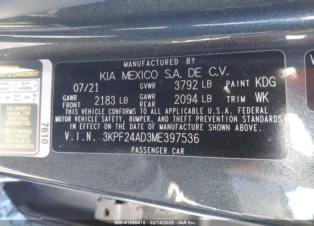 2021 KIA FORTE VIN: 3KPF24AD3ME397536