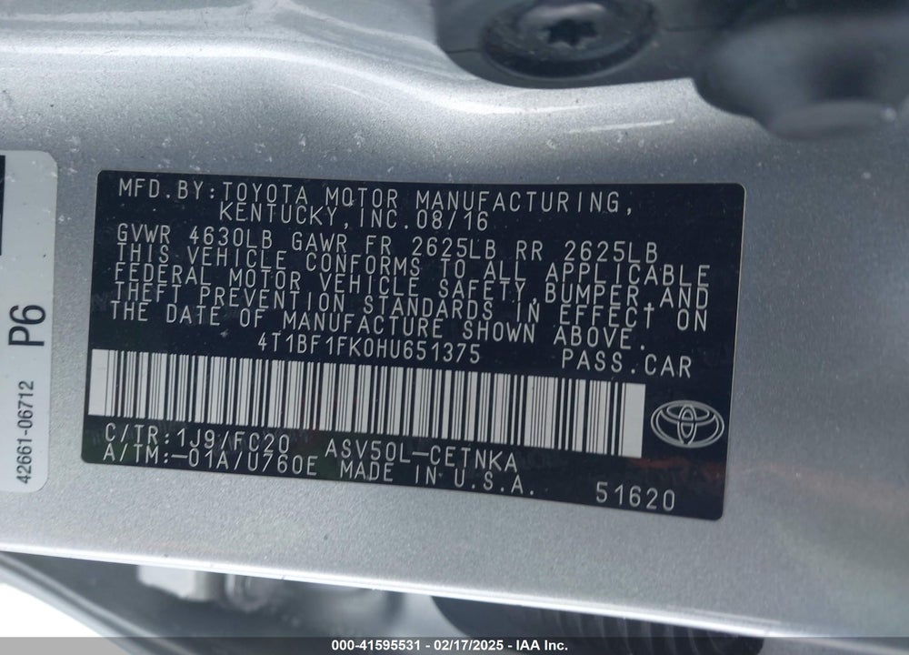 2017 TOYOTA CAMRY VIN: 4T1BF1FK0HU651375