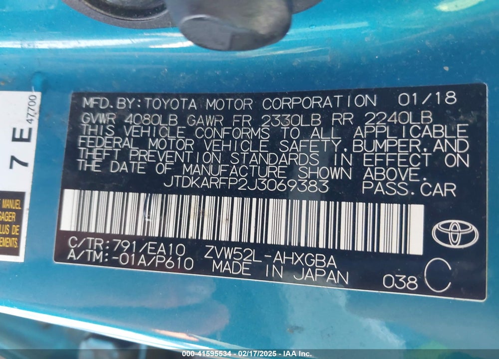 2018 TOYOTA PRIUS PRIME VIN: JTDKARFP2J3069383