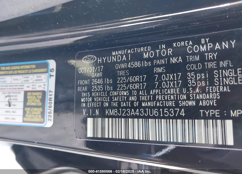2018 HYUNDAI TUCSON SE VIN: KM8J23A43JU615374
