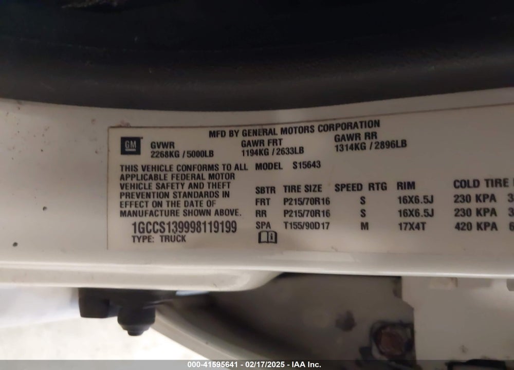 2009 CHEVROLET COLORADO VIN: 1GCCS139998119199