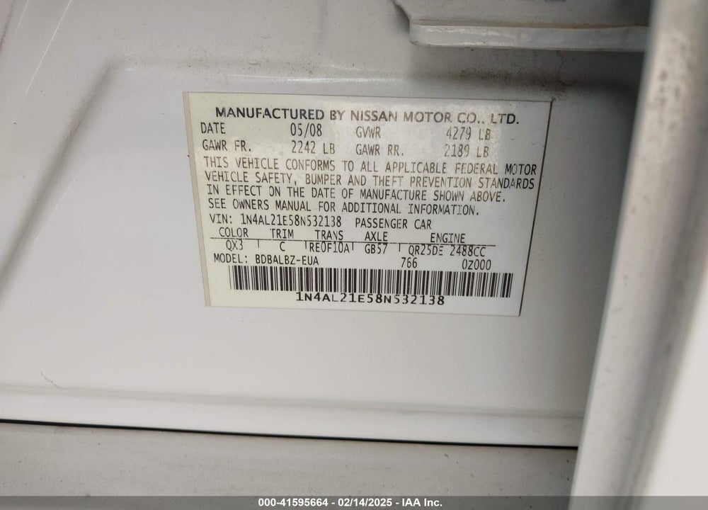 2008 NISSAN ALTIMA 2.5 S VIN: 1N4AL21E58N532138