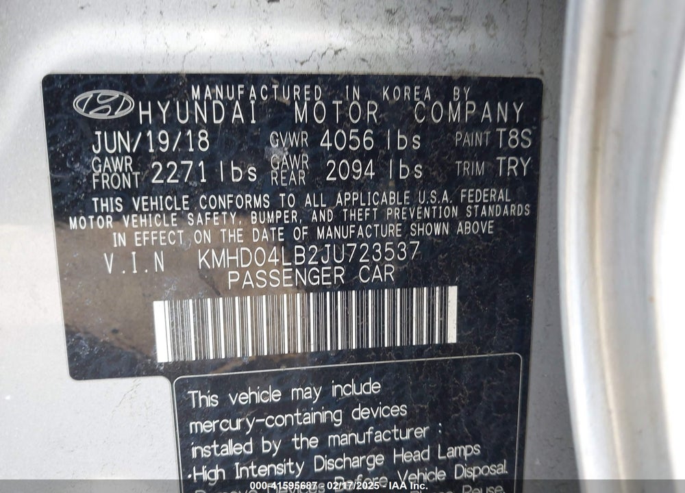 2018 HYUNDAI ELANTRA VIN: KMHD04LB2JU723537