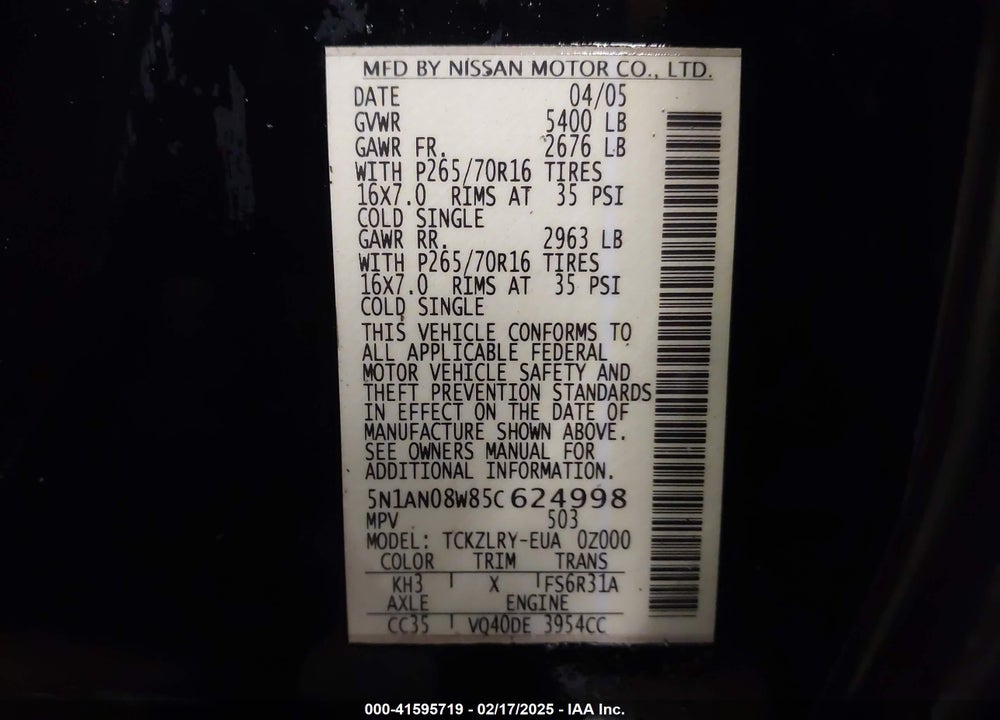 2005 NISSAN XTERRA S VIN: 5N1AN08W85C624998