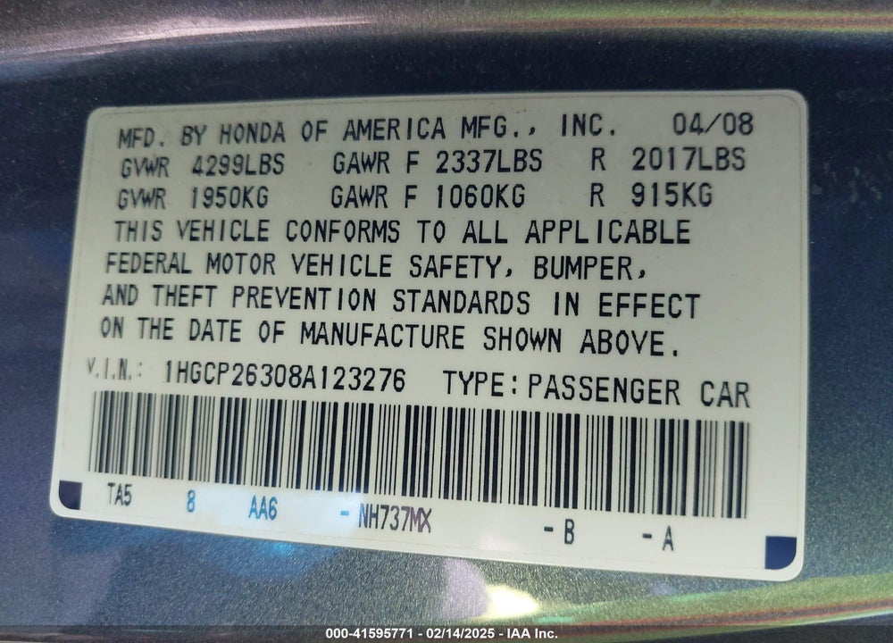 2008 HONDA ACCORD 2.4 LX VIN: 1HGCP26308A123276