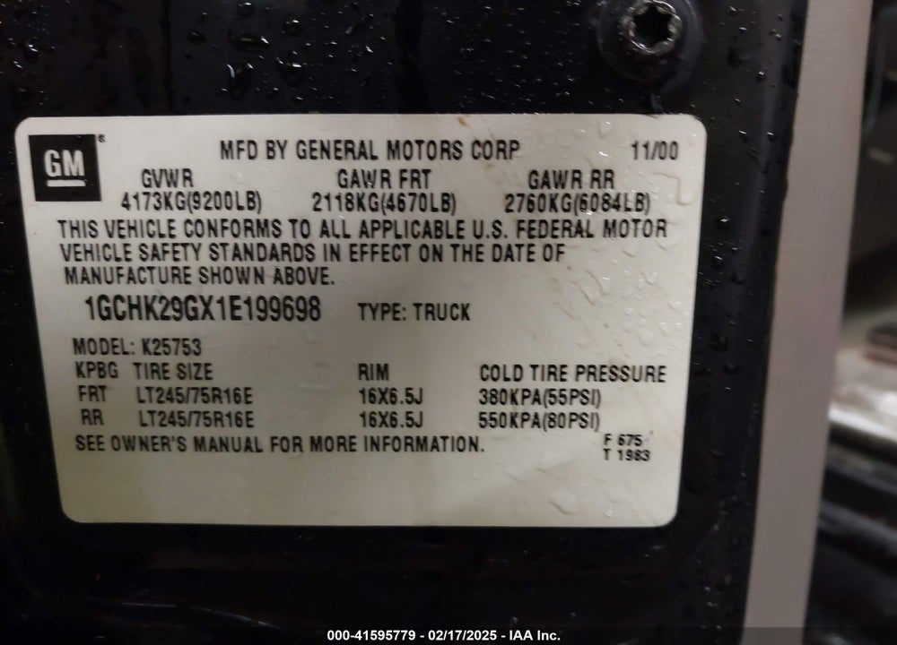 2001 CHEVROLET SILVERADO 2500HD LS VIN: 1GCHK29GX1E199698