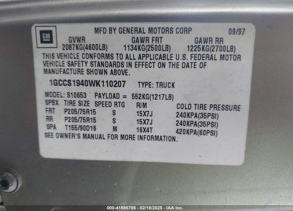 1998 CHEVROLET S-10 LS FLEETSIDE VIN: 1GCCS1940WK110207