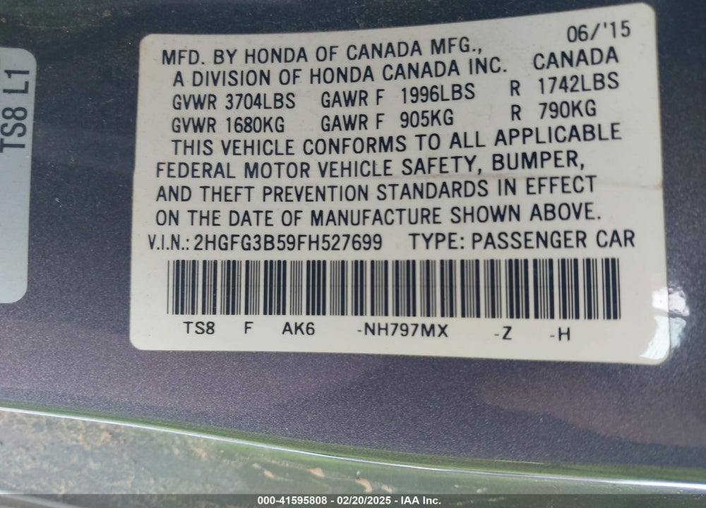 2015 HONDA CIVIC VIN: 2HGFG3B59FH527699