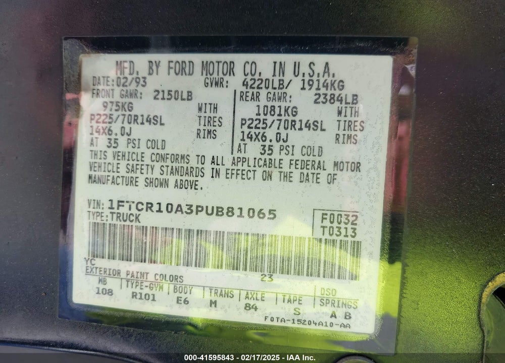 1993 FORD RANGER VIN: 1FTCR10A3PUB81065