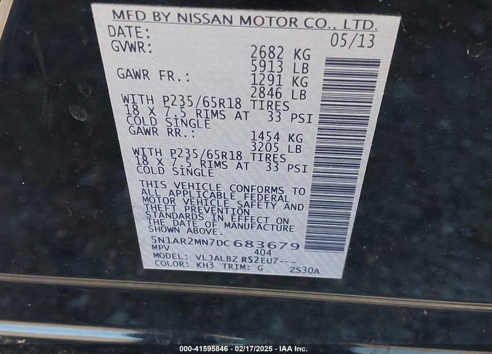 2013 NISSAN PATHFINDER S VIN: 5N1AR2MN7DC683679