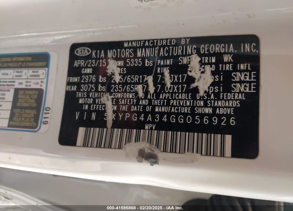 2016 KIA SORENTO 2.4L LX VIN: 5XYPG4A34GG056926