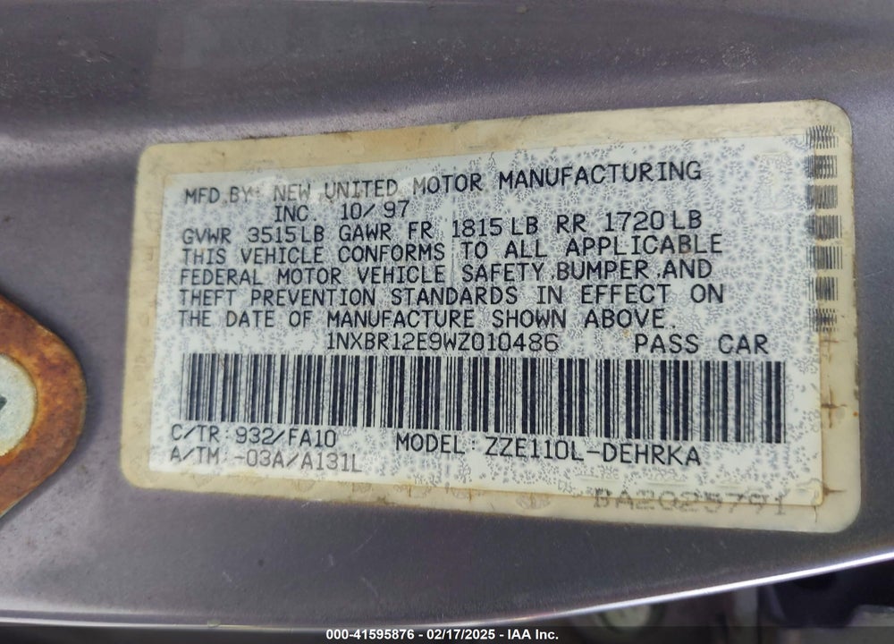 1998 TOYOTA COROLLA VIN: 1NXBR12E9WZ010486