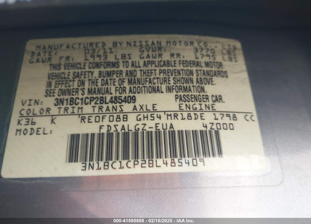 2011 NISSAN VERSA VIN: 3N1BC1CP2BL485409