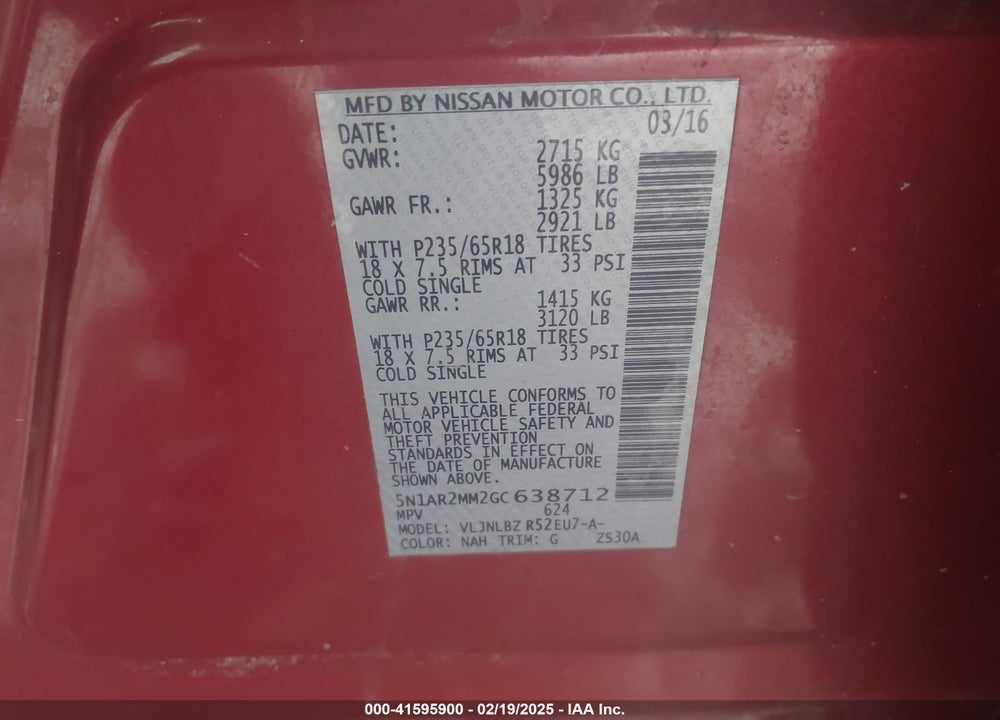 2016 NISSAN PATHFINDER PLATINUM/S/SL/SV VIN: 5N1AR2MM2GC638712