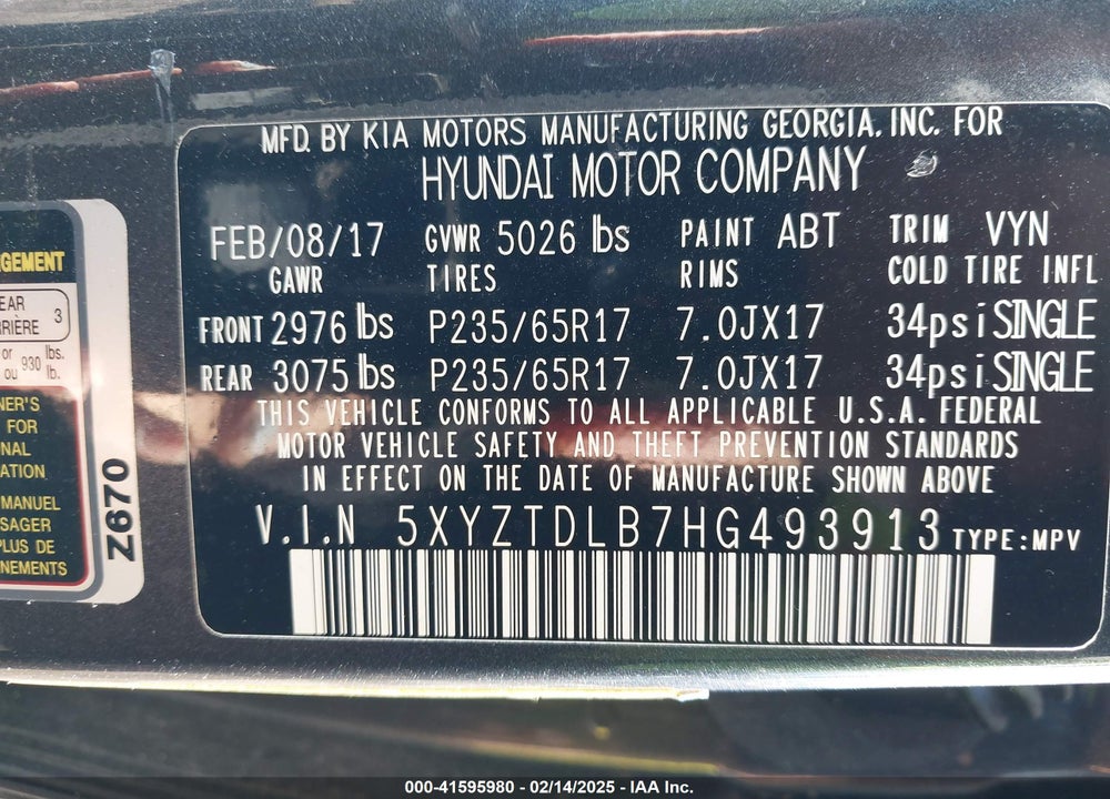 2017 HYUNDAI SANTA FE SPORT 2.4L VIN: 5XYZTDLB7HG493913
