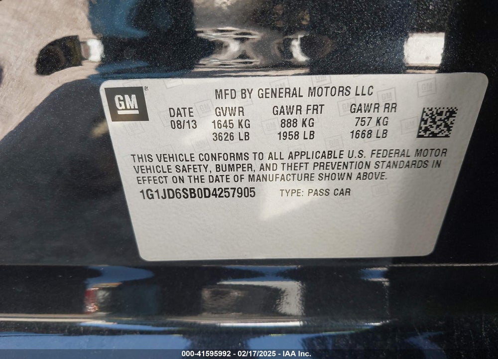 2013 CHEVROLET SONIC LT MANUAL VIN: 1G1JD6SB0D4257905