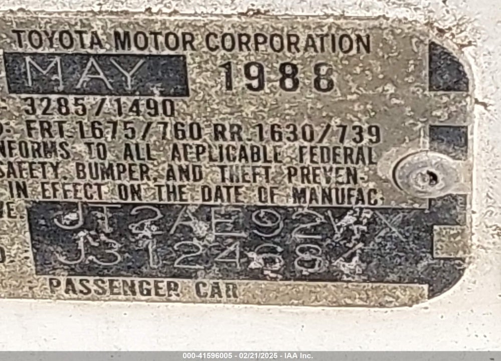 1988 TOYOTA COROLLA DLX VIN: JT2AE92WXJ3124684