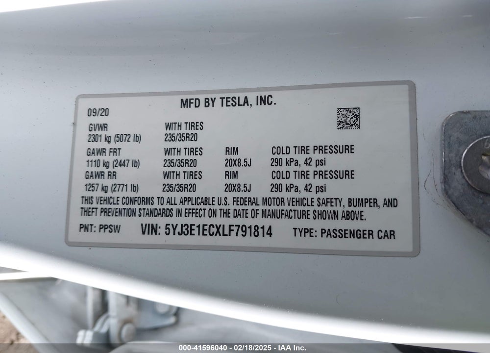 2020 TESLA MODEL 3 VIN: 5YJ3E1ECXLF791814