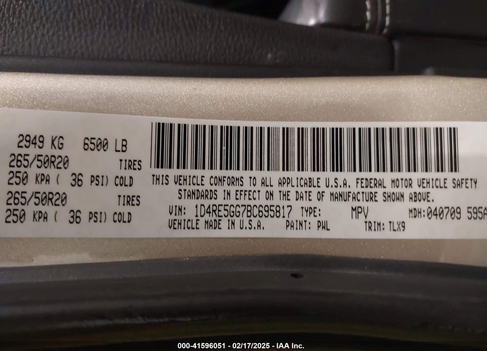 2011 DODGE DURANGO VIN: 1D4RE5GG7BC695817