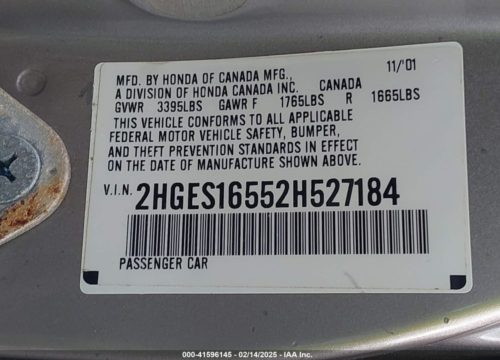 2002 HONDA CIVIC LX VIN: 2HGES16552H527184