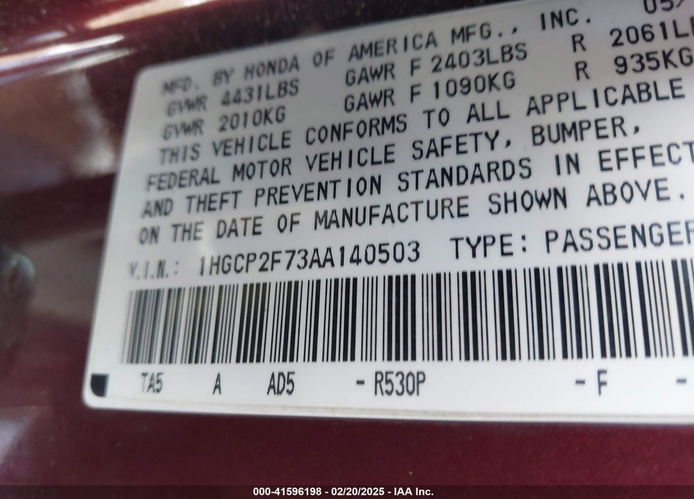 2010 HONDA ACCORD VIN: 1HGCP2F73AA140503