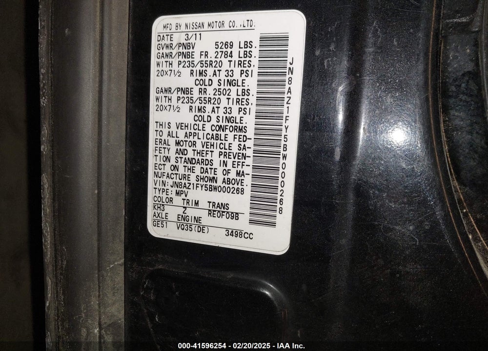 2011 NISSAN MURANO CROSSCABRIOLET VIN: JN8AZ1FY5BW000268