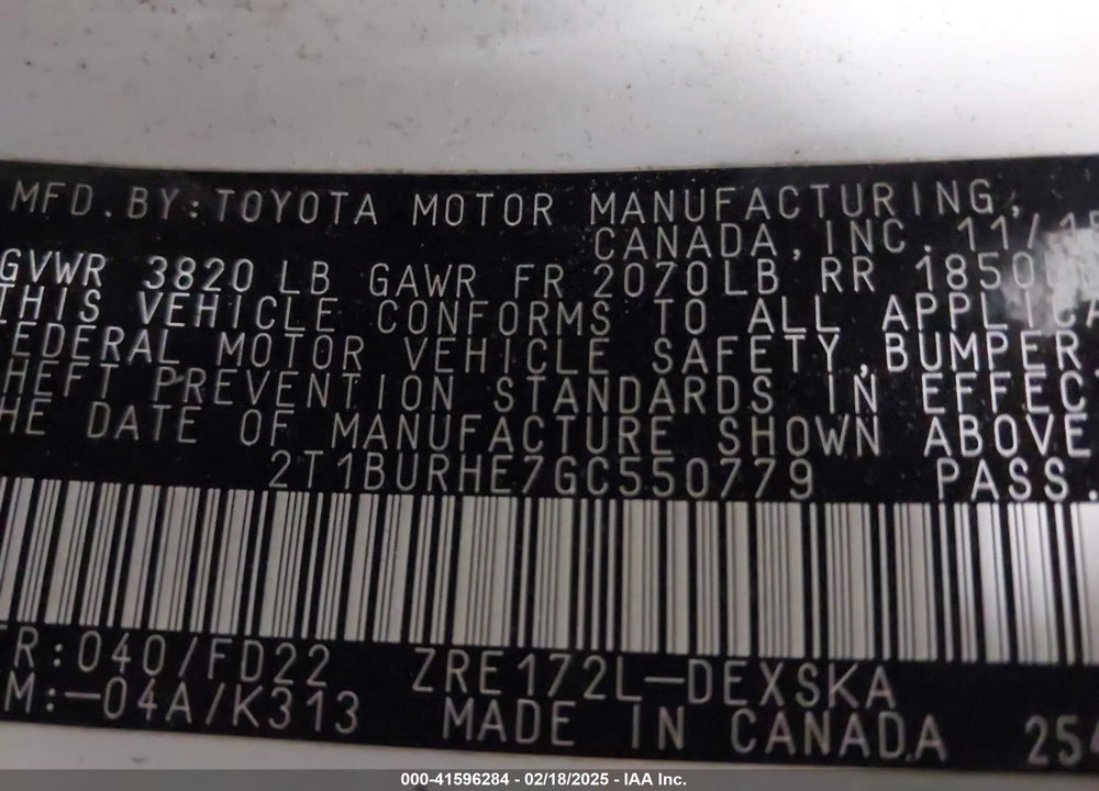 2016 TOYOTA COROLLA VIN: 2T1BURHE7GC550779