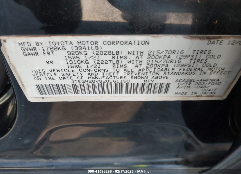 2002 TOYOTA RAV4 VIN: JTEGH20V820061190