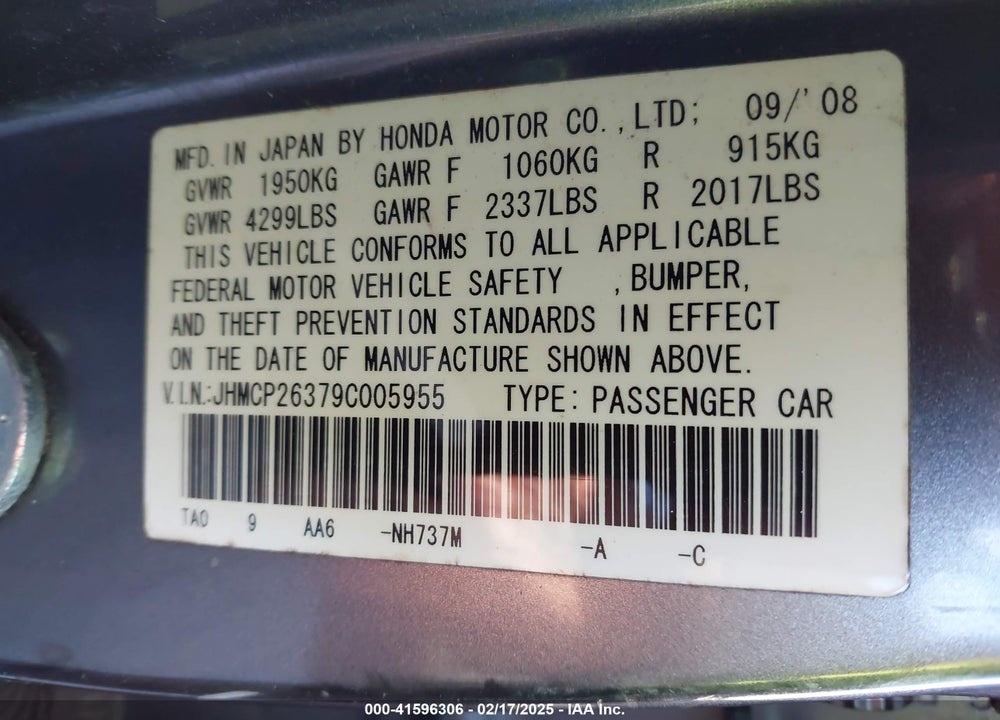 2009 HONDA ACCORD VIN: JHMCP26379C005955