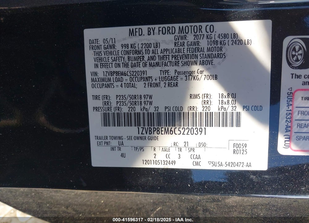 2012 FORD MUSTANG V6 PREMIUM VIN: 1ZVBP8EM6C5220391