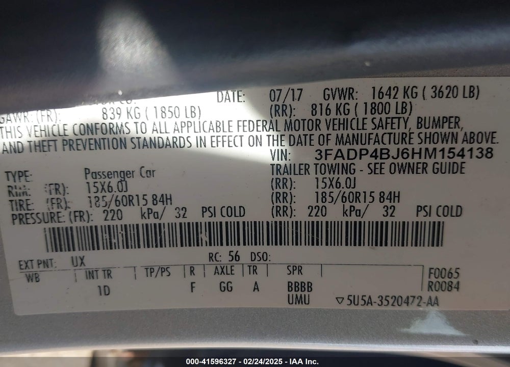 2017 FORD FIESTA VIN: 3FADP4BJ6HM154138