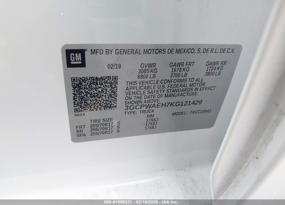 2019 CHEVROLET SILVERADO 1500 WORK TRUCK VIN: 3GCPWAEH7KG121429
