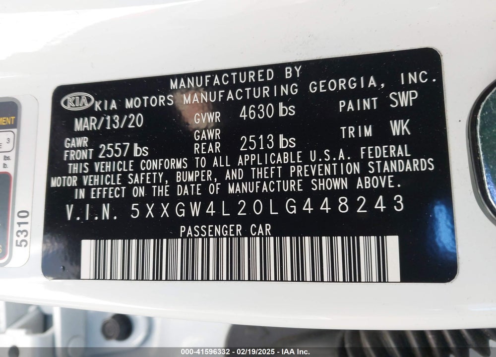 2020 KIA OPTIMA VIN: 5XXGW4L20LG448243