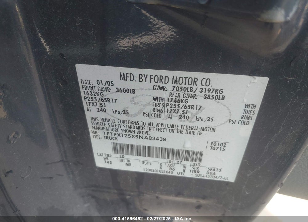 2005 FORD F-150 LARIAT/XL/XLT VIN: 1FTPX125X5NA83438