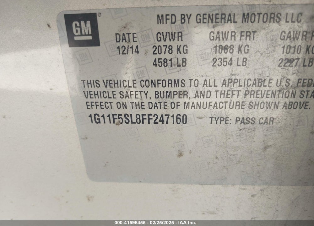 2015 CHEVROLET MALIBU VIN: 1G11F5SL8FF247160