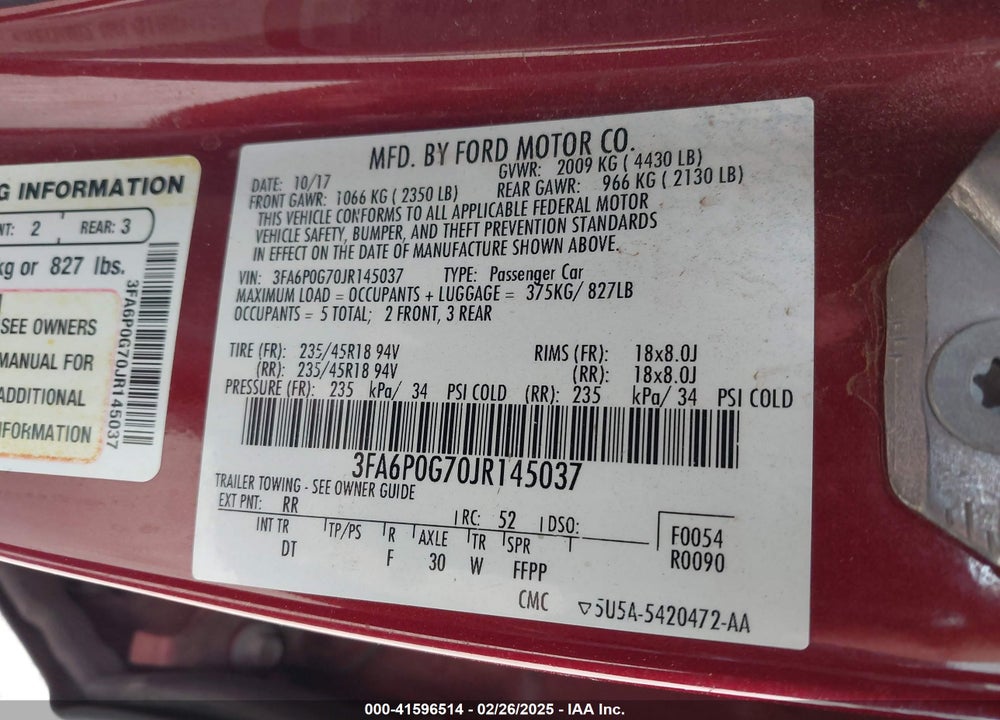 2018 FORD FUSION VIN: 3FA6P0G70JR145037
