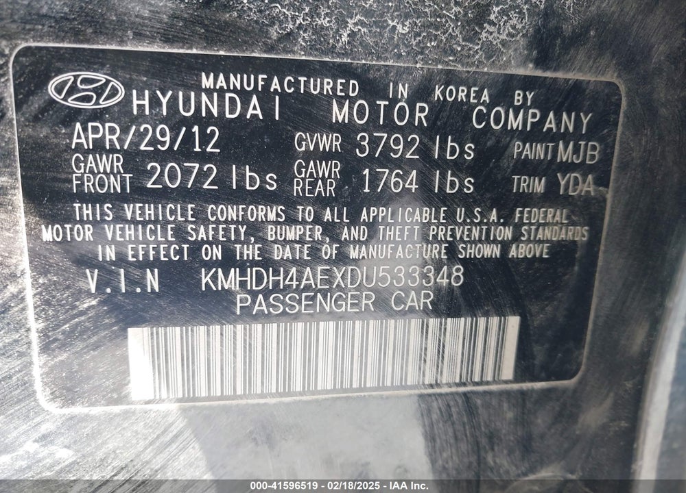 2013 HYUNDAI ELANTRA VIN: KMHDH4AEXDU533348