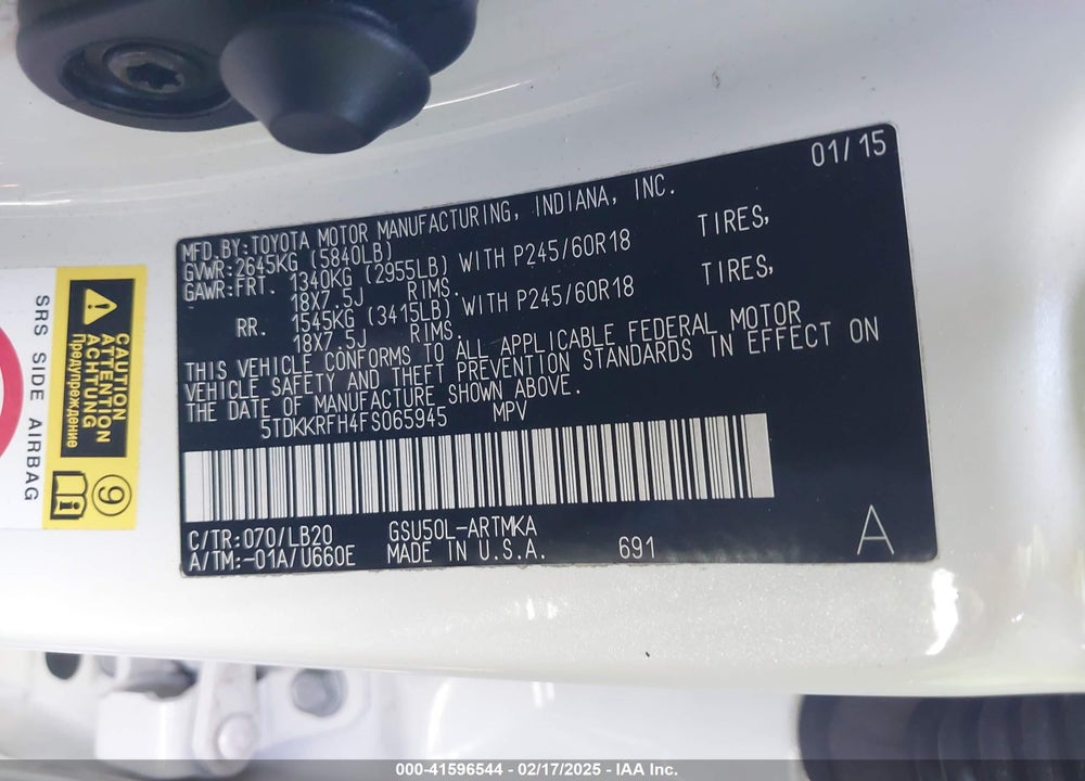 2015 TOYOTA HIGHLANDER XLE V6 VIN: 5TDKKRFH4FS065945