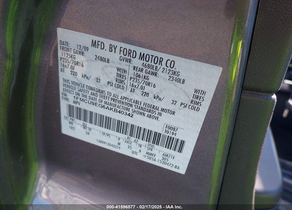 2010 FORD ESCAPE LIMITED VIN: 1FMCU9EG6AKB40342
