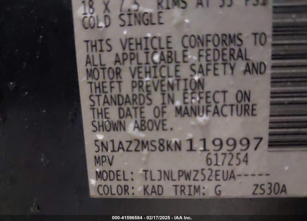 2019 NISSAN MURANO S VIN: 5N1AZ2MS8KN119997