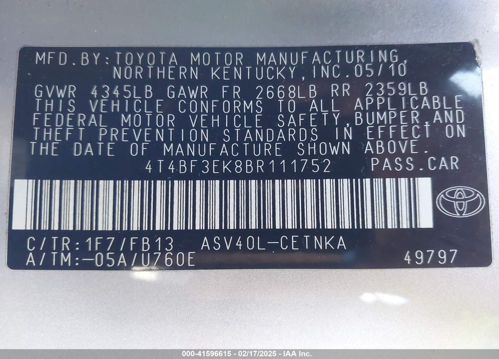 2011 TOYOTA CAMRY VIN: 4T4BF3EK8BR111752