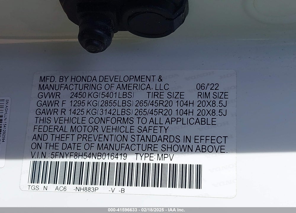 2022 HONDA PASSPORT AWD EX-L VIN: 5FNYF8H54NB016419