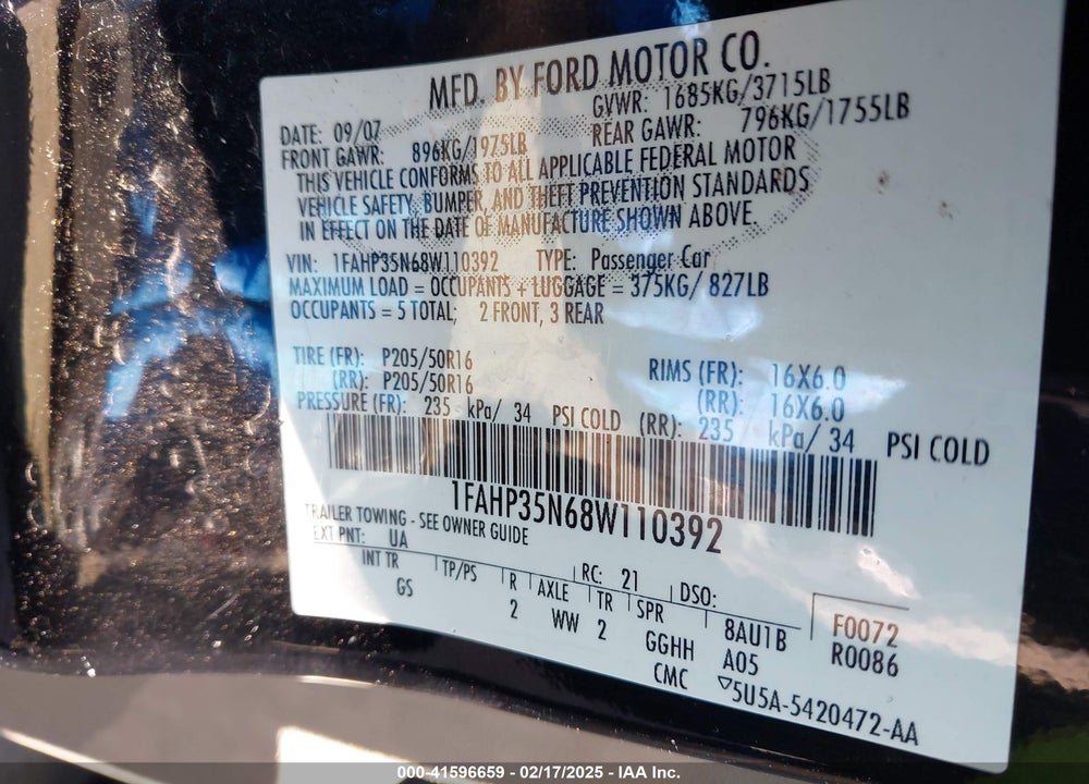 2008 FORD FOCUS VIN: 1FAHP35N68W110392