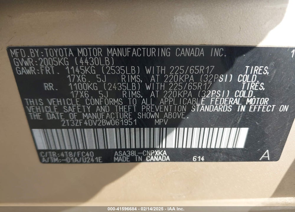 2011 TOYOTA RAV4 VIN: 2T3ZF4DV2BW061951