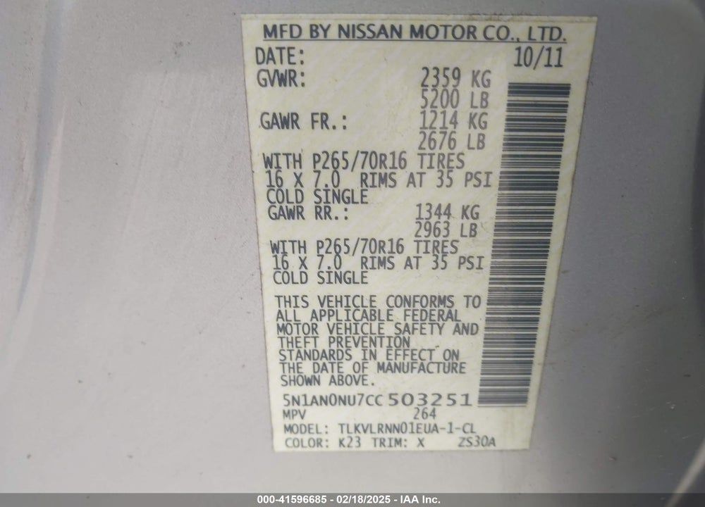 2012 NISSAN XTERRA S VIN: 5N1AN0NU7CC503251