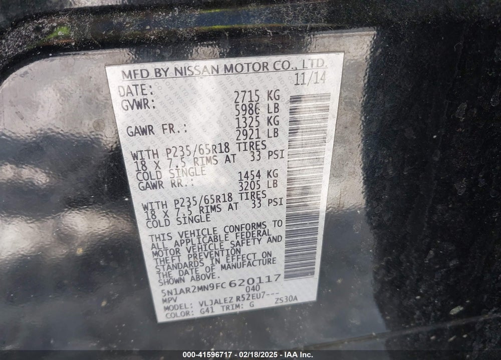 2015 NISSAN PATHFINDER PLATINUM/S/SL/SV VIN: 5N1AR2MN9FC620117